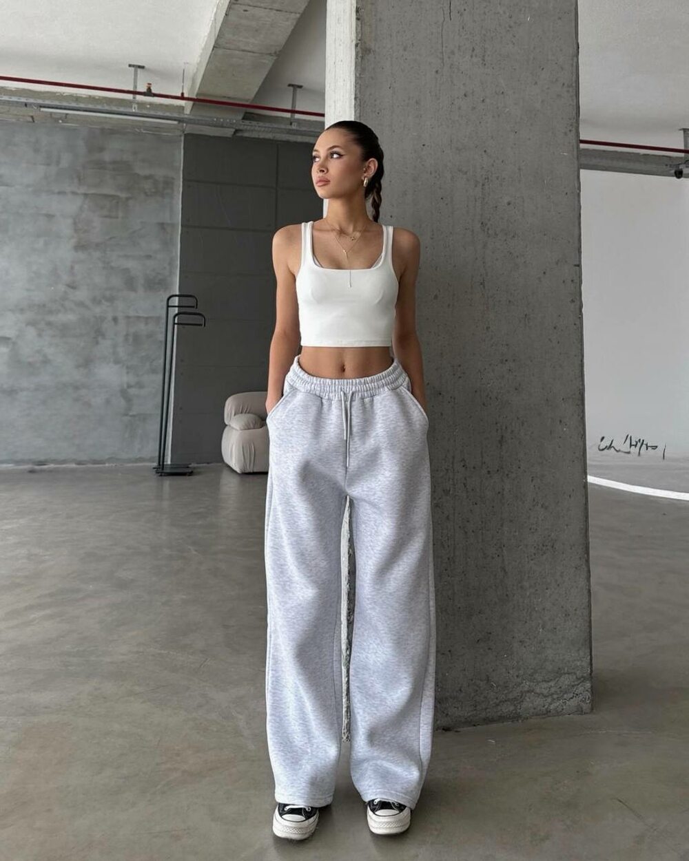 Штани спортивні широкі на флісі колір меланж