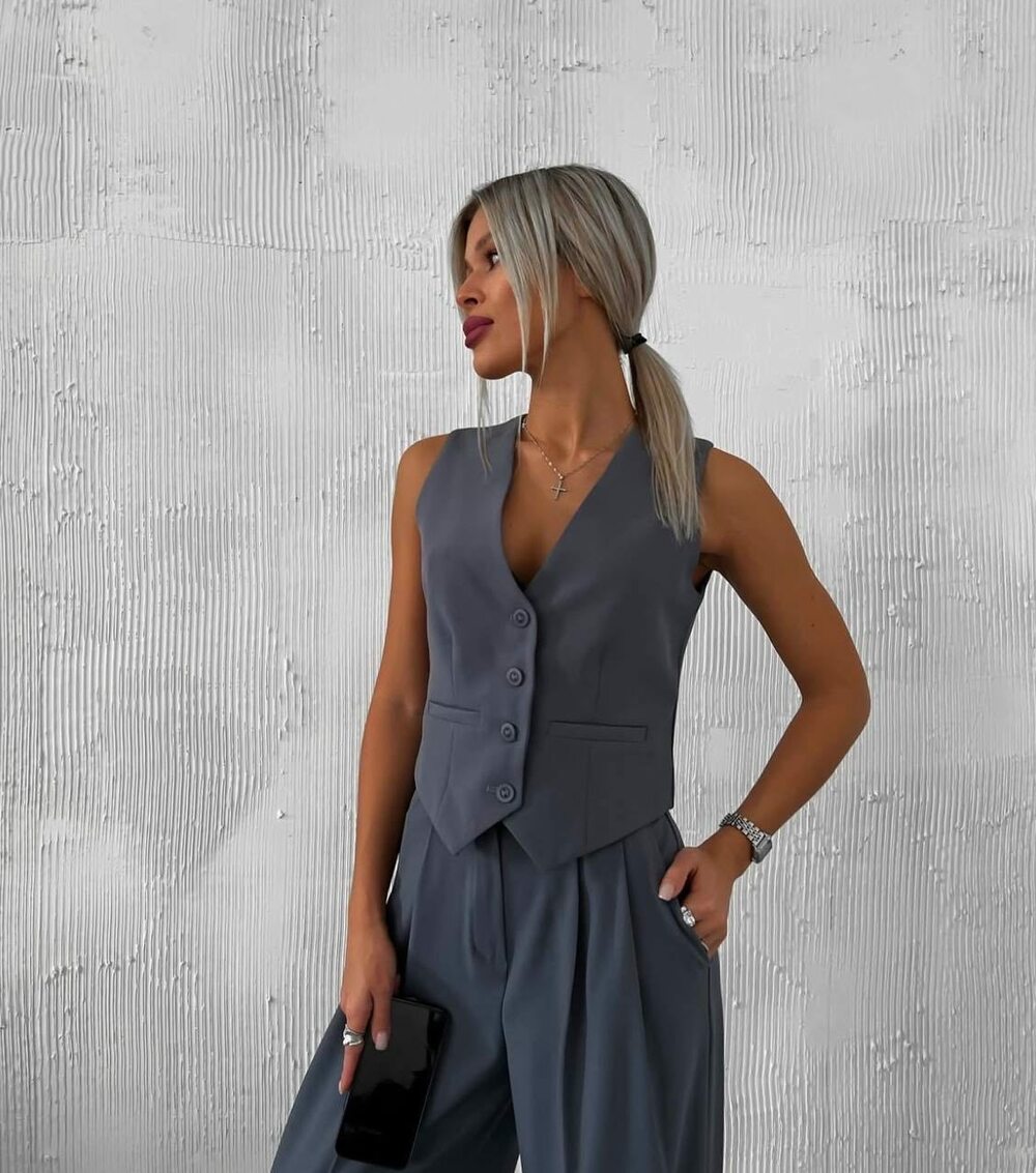 Костюм двійка, штани палаццо та жилет, колір графіт