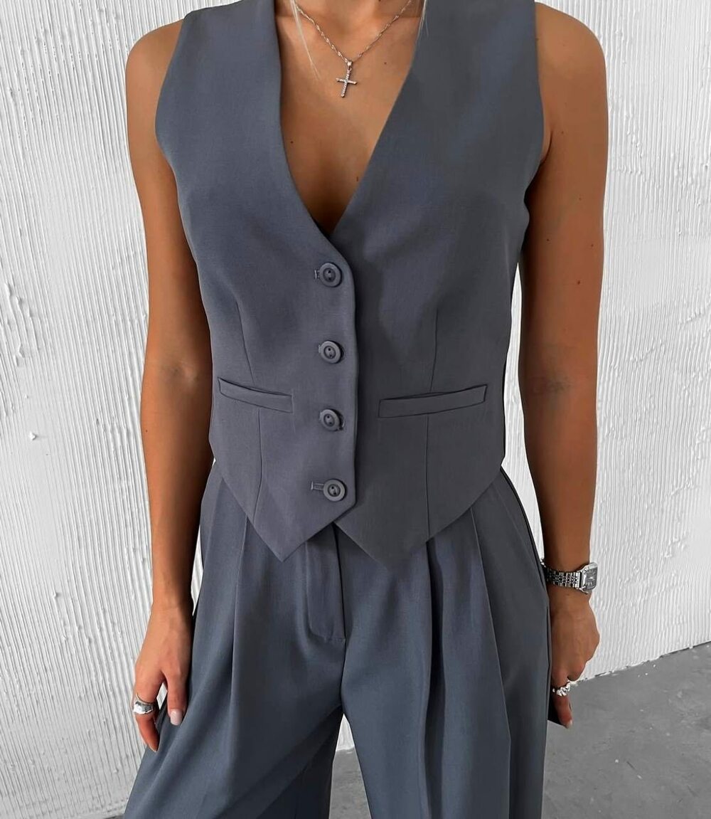 Костюм двійка, штани палаццо та жилет, колір графіт