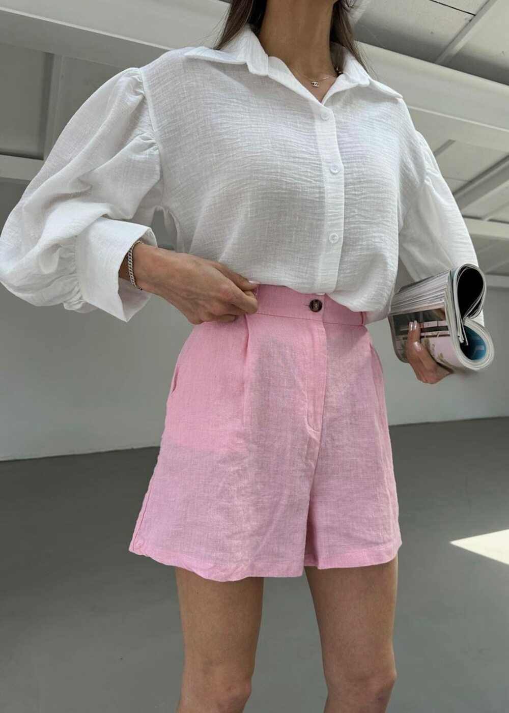 Льняні шорти вільного крою, колір барбі