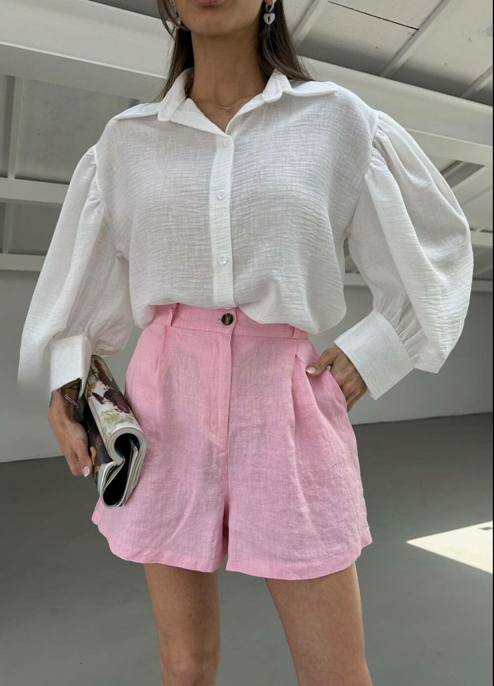 Льняні шорти вільного крою, колір барбі