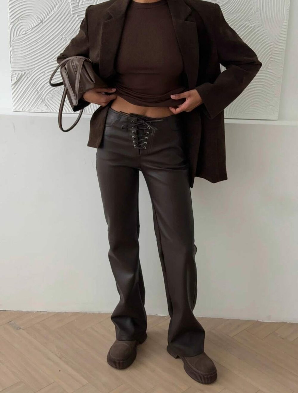 Шкіряні штани зі шнурівкою, колір шоколадний
