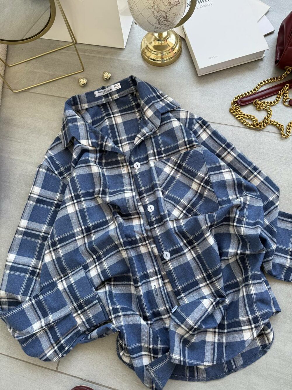 Сорочка в клітинку, колір джинс