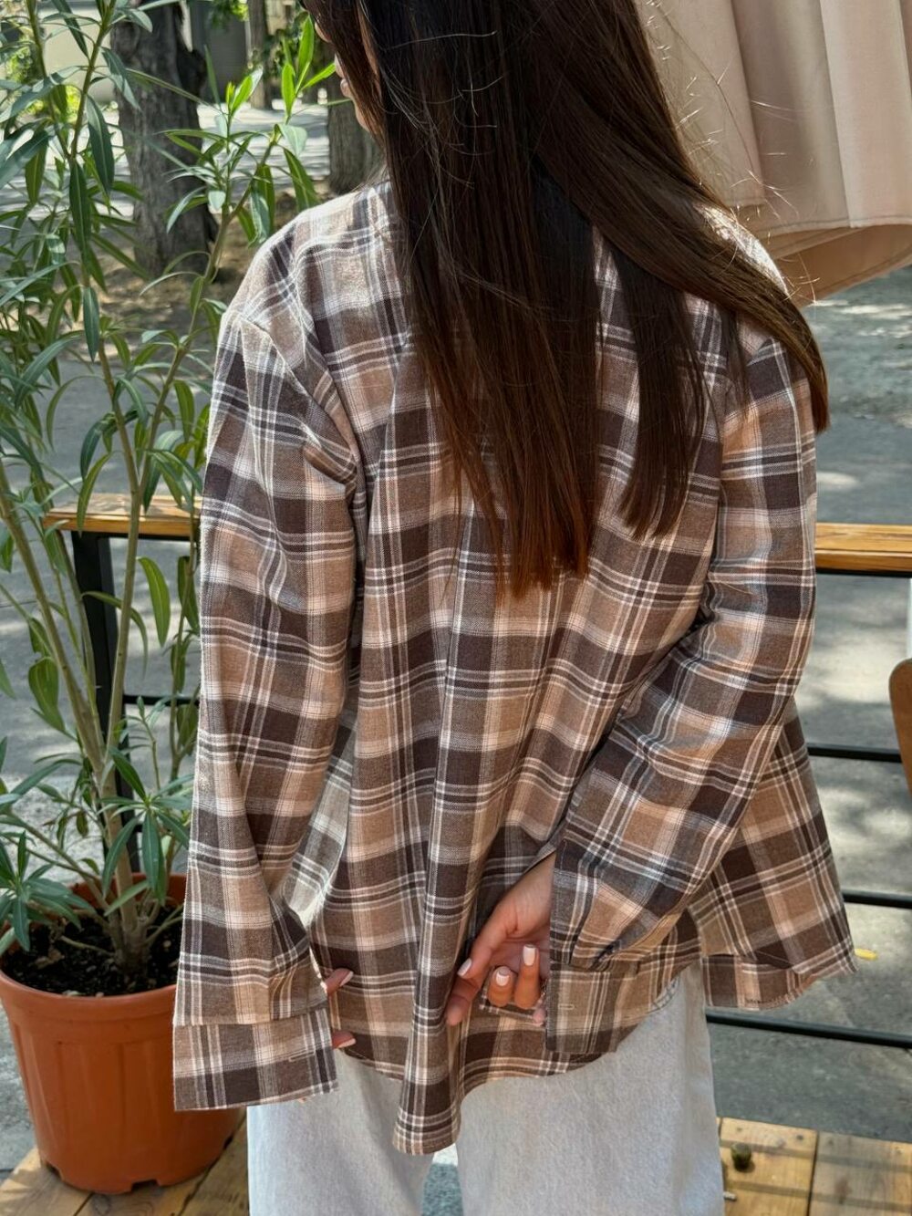 Сорочка в клітинку, колір бежевий з коричневим