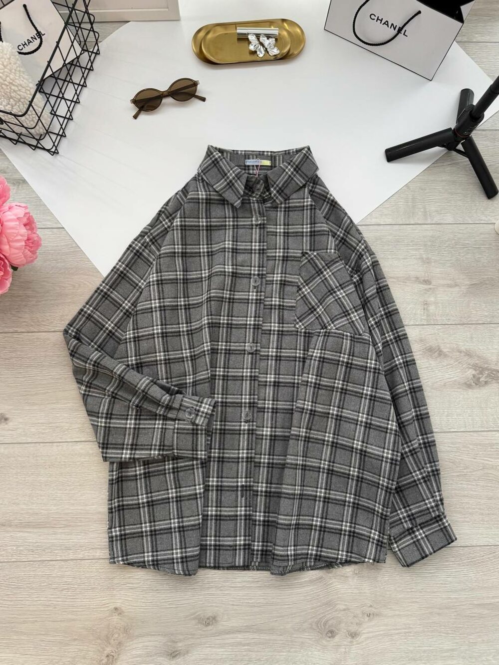 Оверсайз сорочка у клітинку, колір сірий