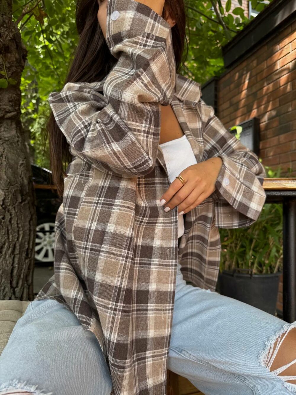 Сорочка в клітинку, колір бежевий з коричневим