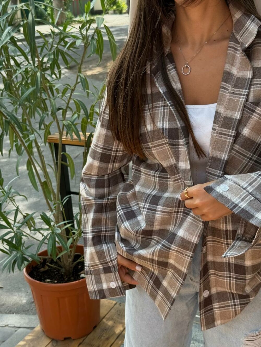 Сорочка в клітинку, колір бежевий з коричневим