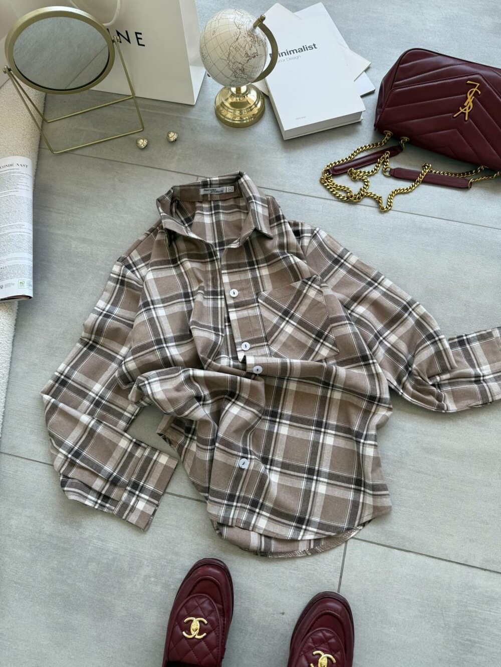 Сорочка в клітинку, колір бежевий