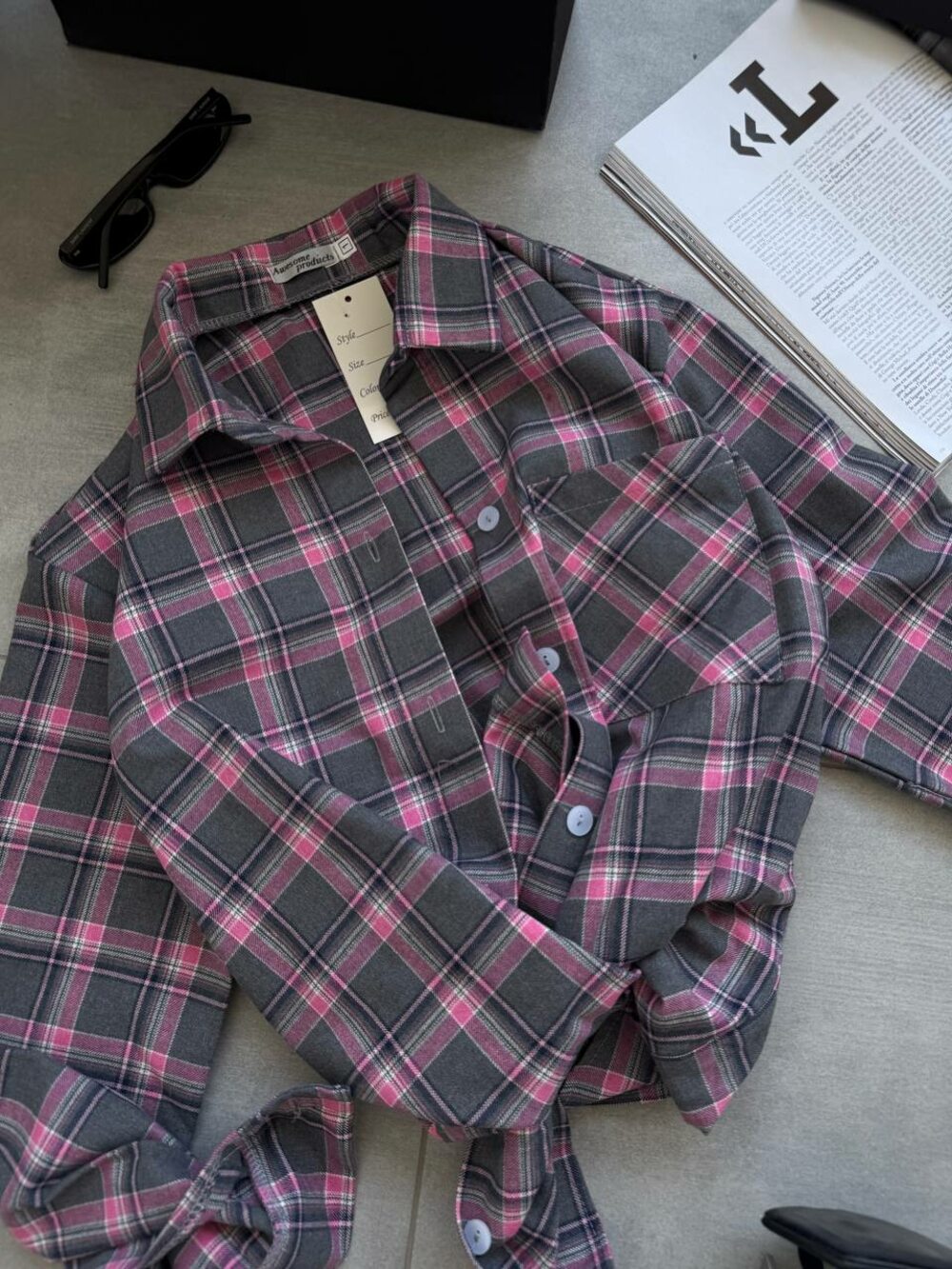 Сорочка в клітинку, сірий колір з рожевим