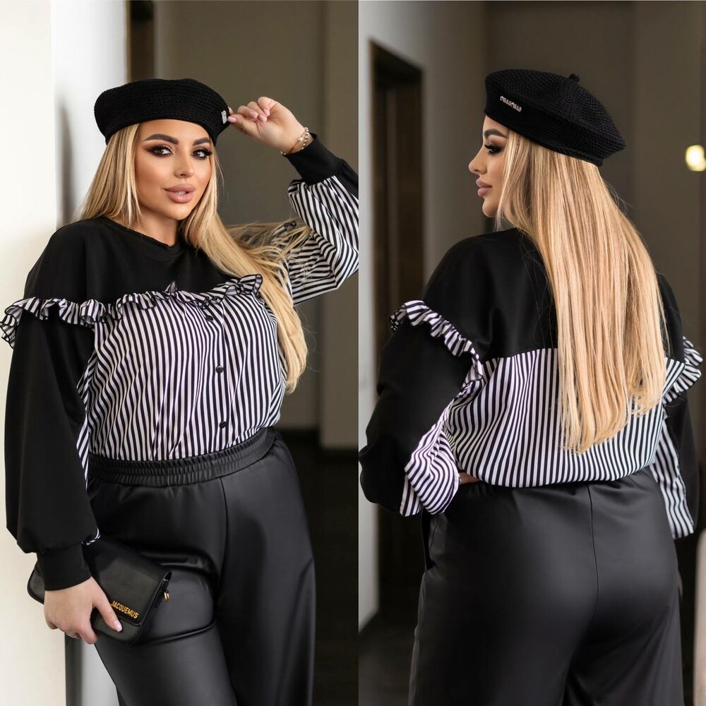 Сорочка в смужку з воланами, колір чорний