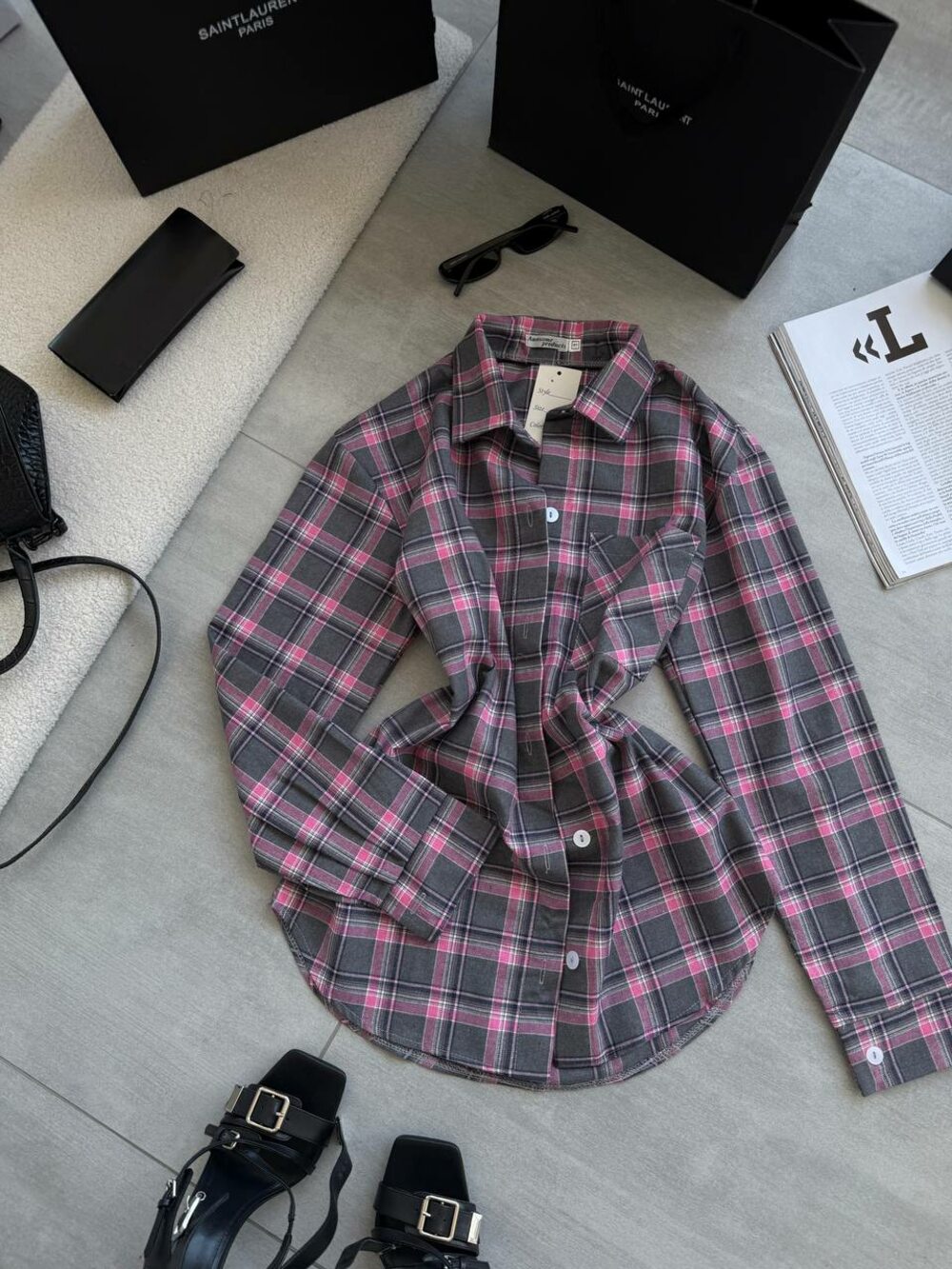 Сорочка в клітинку, сірий колір з рожевим