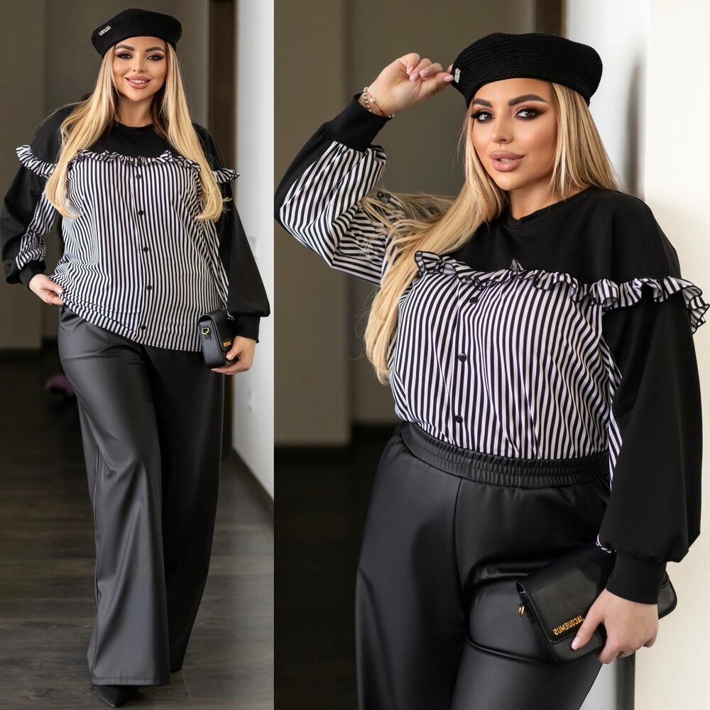 Сорочка в смужку з воланами, колір чорний