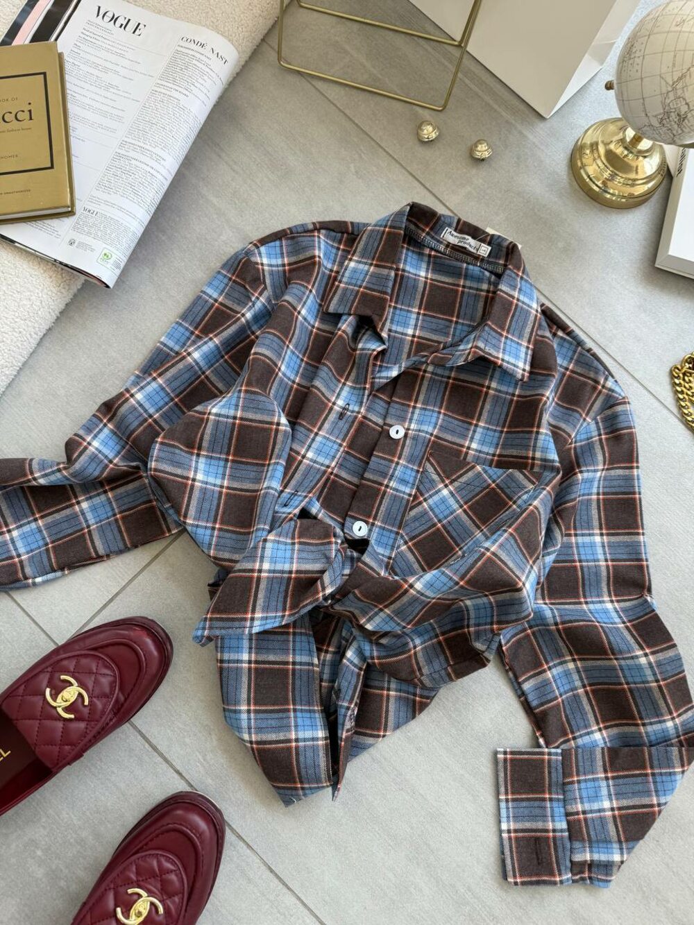 Сорочка у клітинку, колір шоколад з джинсовим