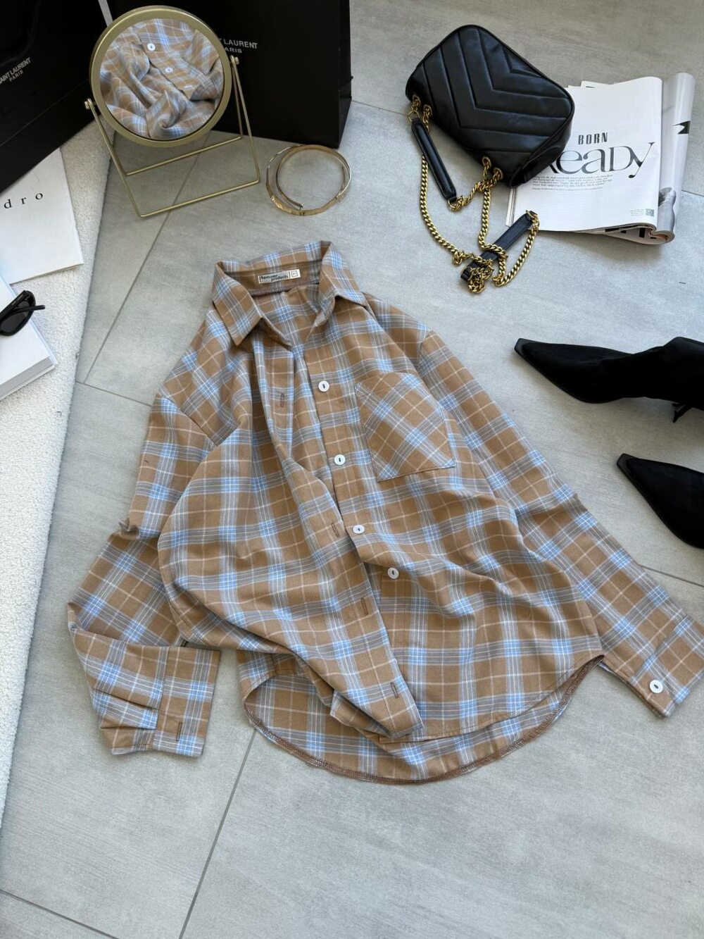 Сорочка в клітинку, колір бежевий з джинсовим