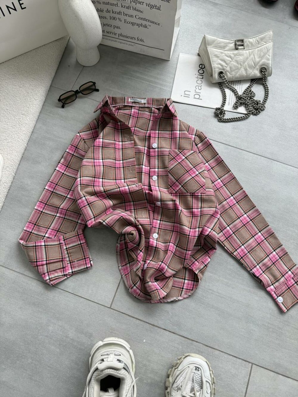 Сорочка в клітинку, рожевий колір з бежевим