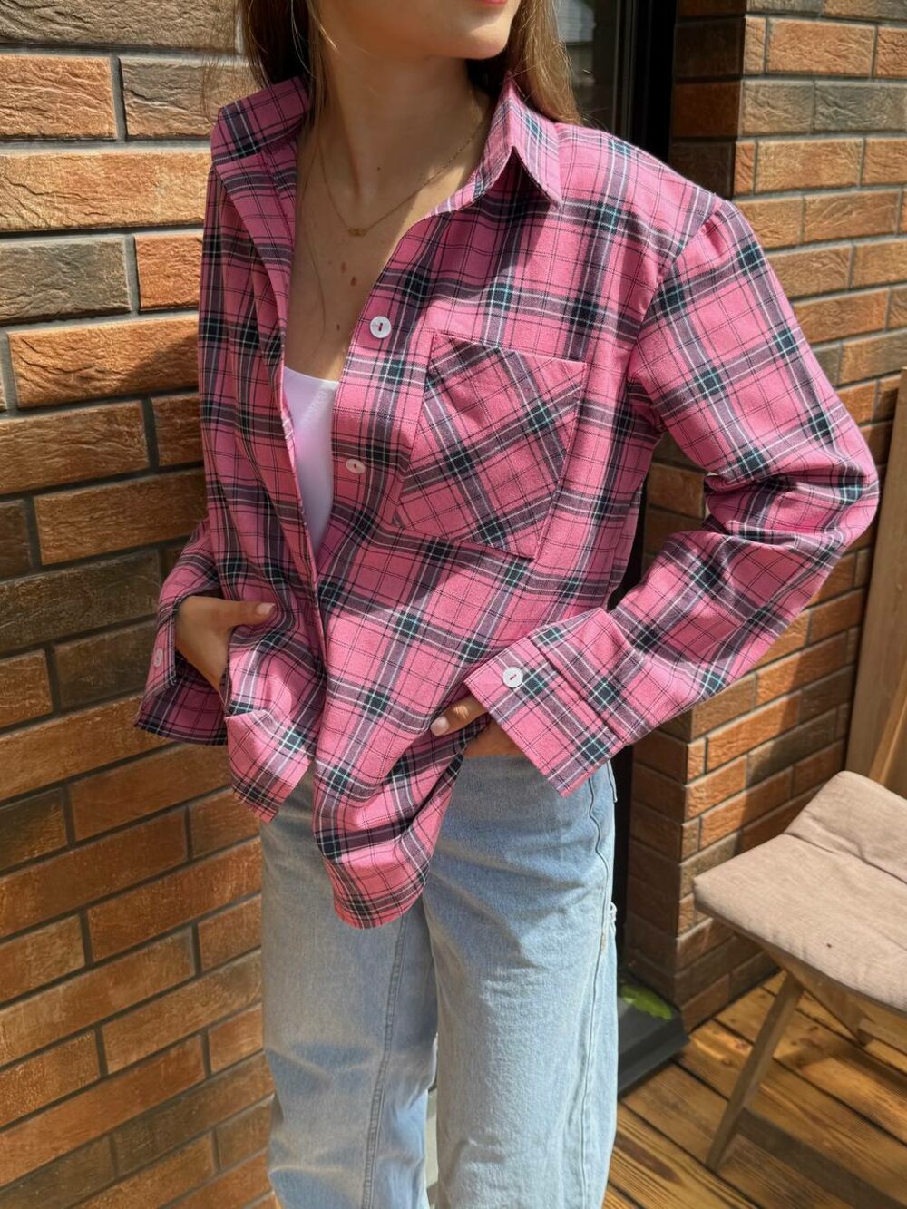 Сорочка у клітинку, колір рожевий