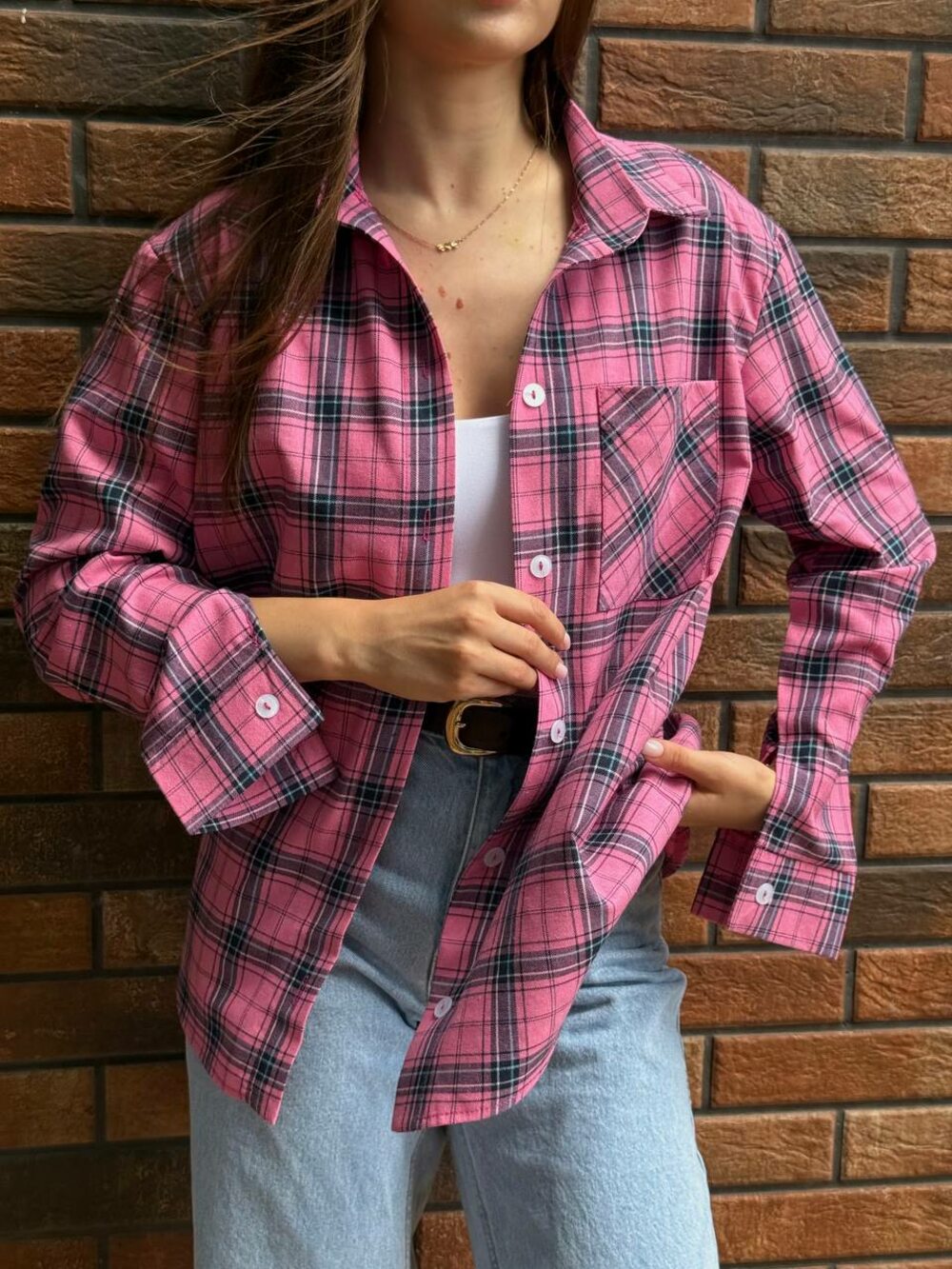 Сорочка у клітинку, колір рожевий