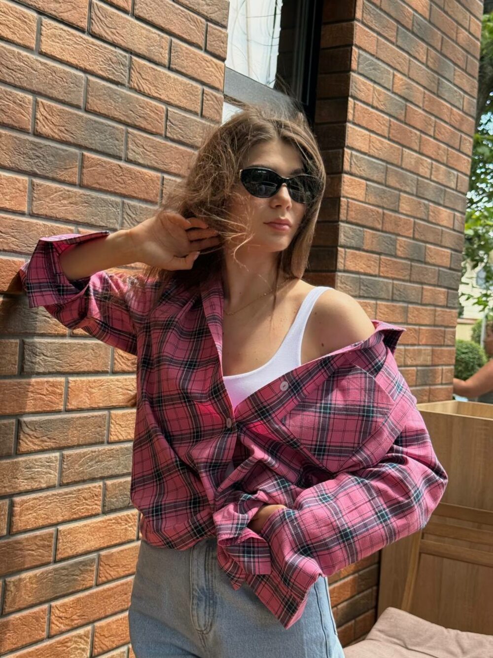 Сорочка у клітинку, колір рожевий