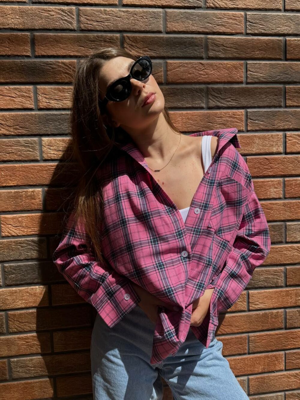 Сорочка у клітинку, колір рожевий