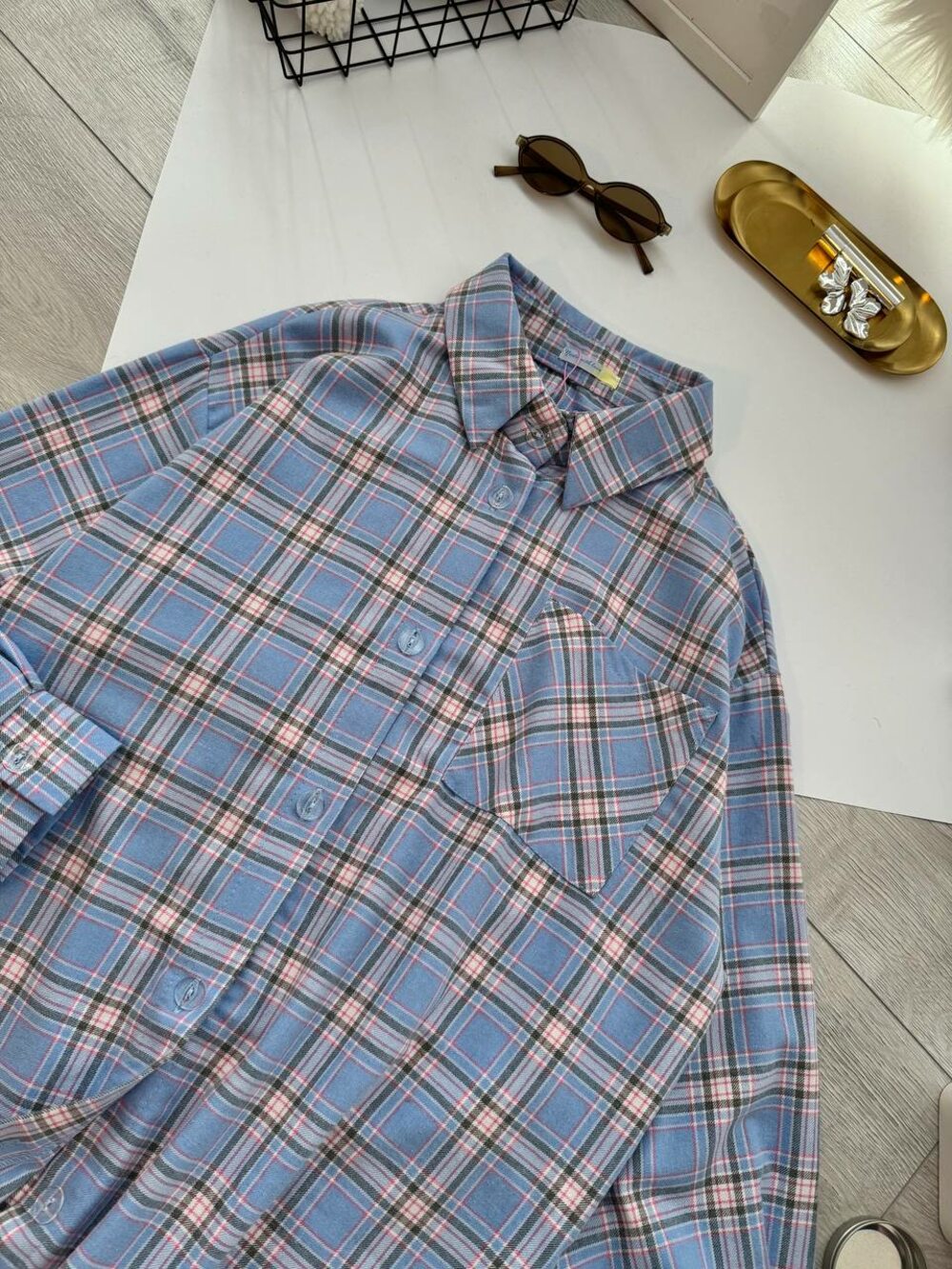 Оверсайз рубашка в клеточку, цвет голубой