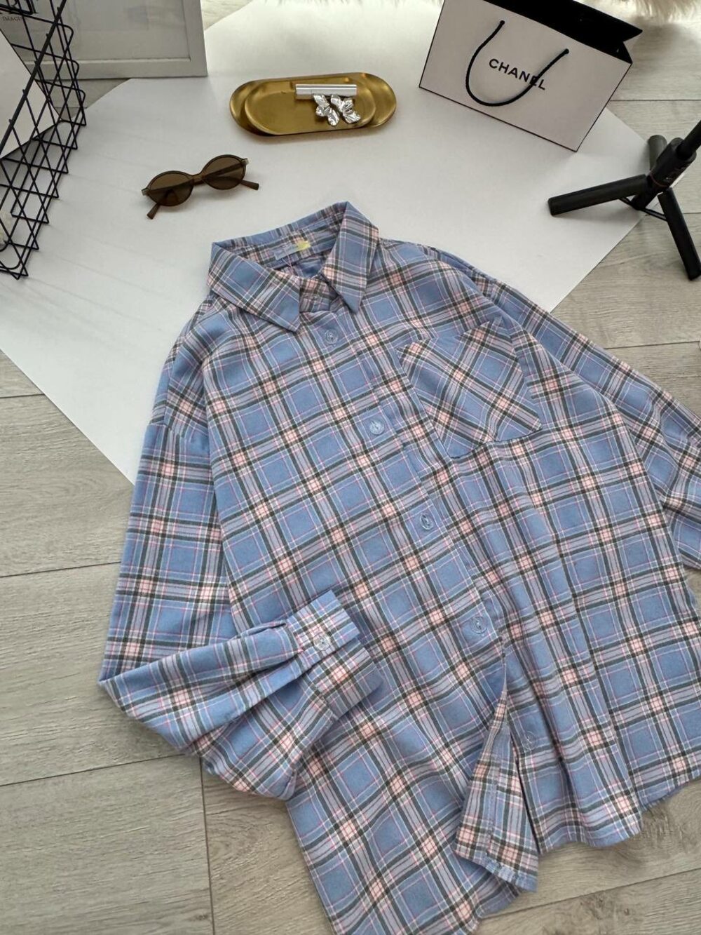 Оверсайз рубашка в клеточку, цвет голубой