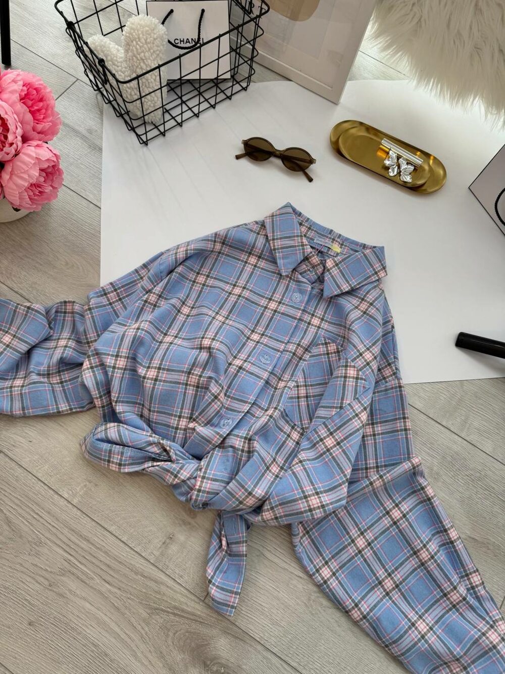 Оверсайз рубашка в клеточку, цвет голубой