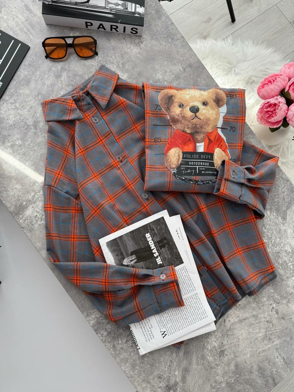 Сорочка в клітинку з принтом TED, колір сірий