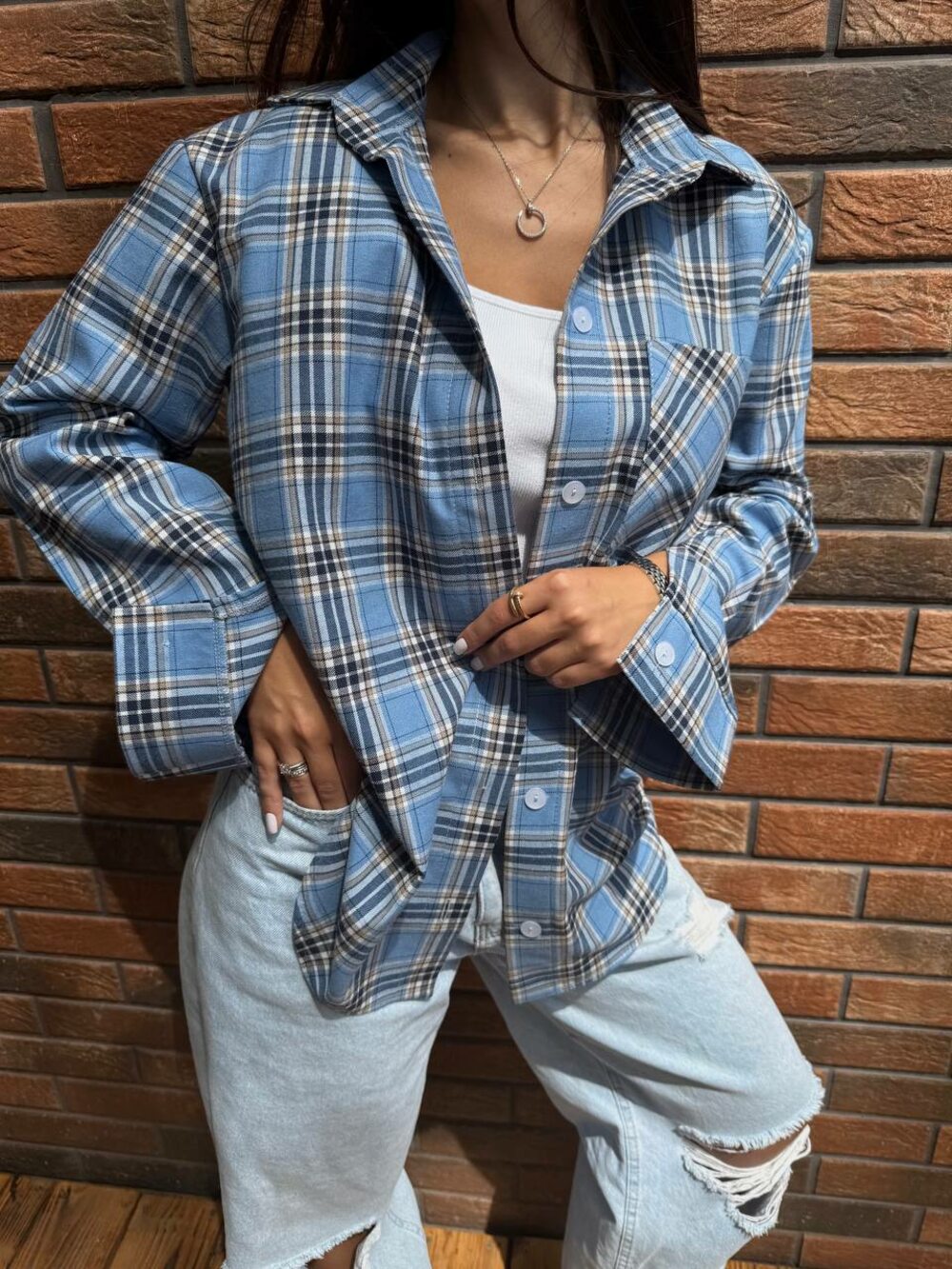 Сорочка у клітинку, колір блакитний