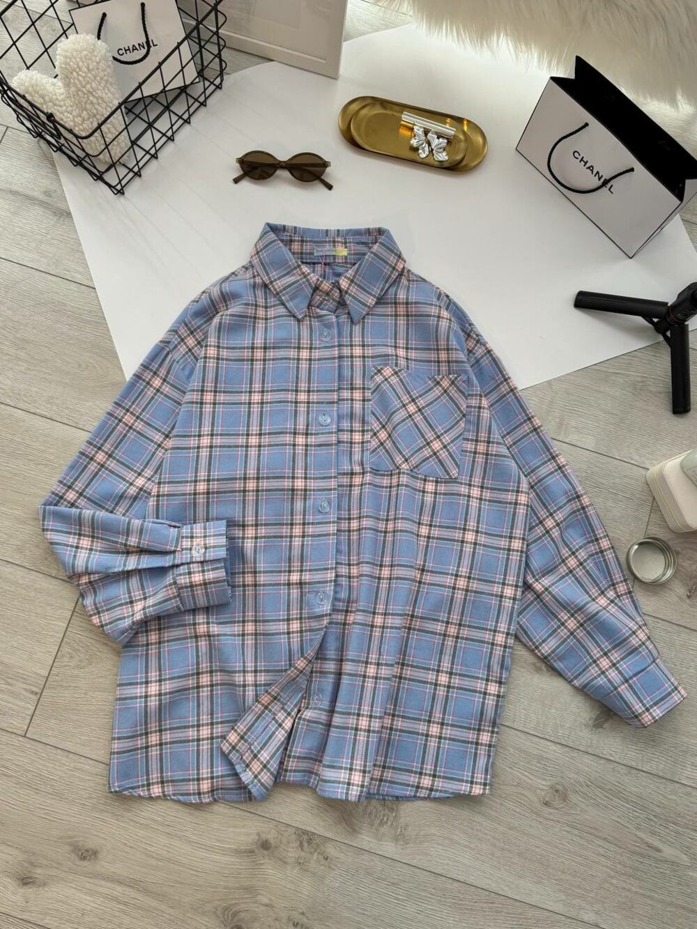 Оверсайз рубашка в клеточку, цвет голубой