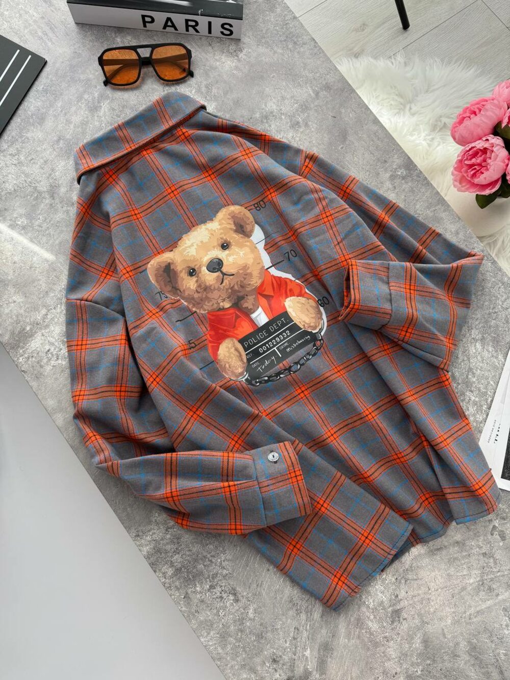 Сорочка в клітинку з принтом TED, колір сірий