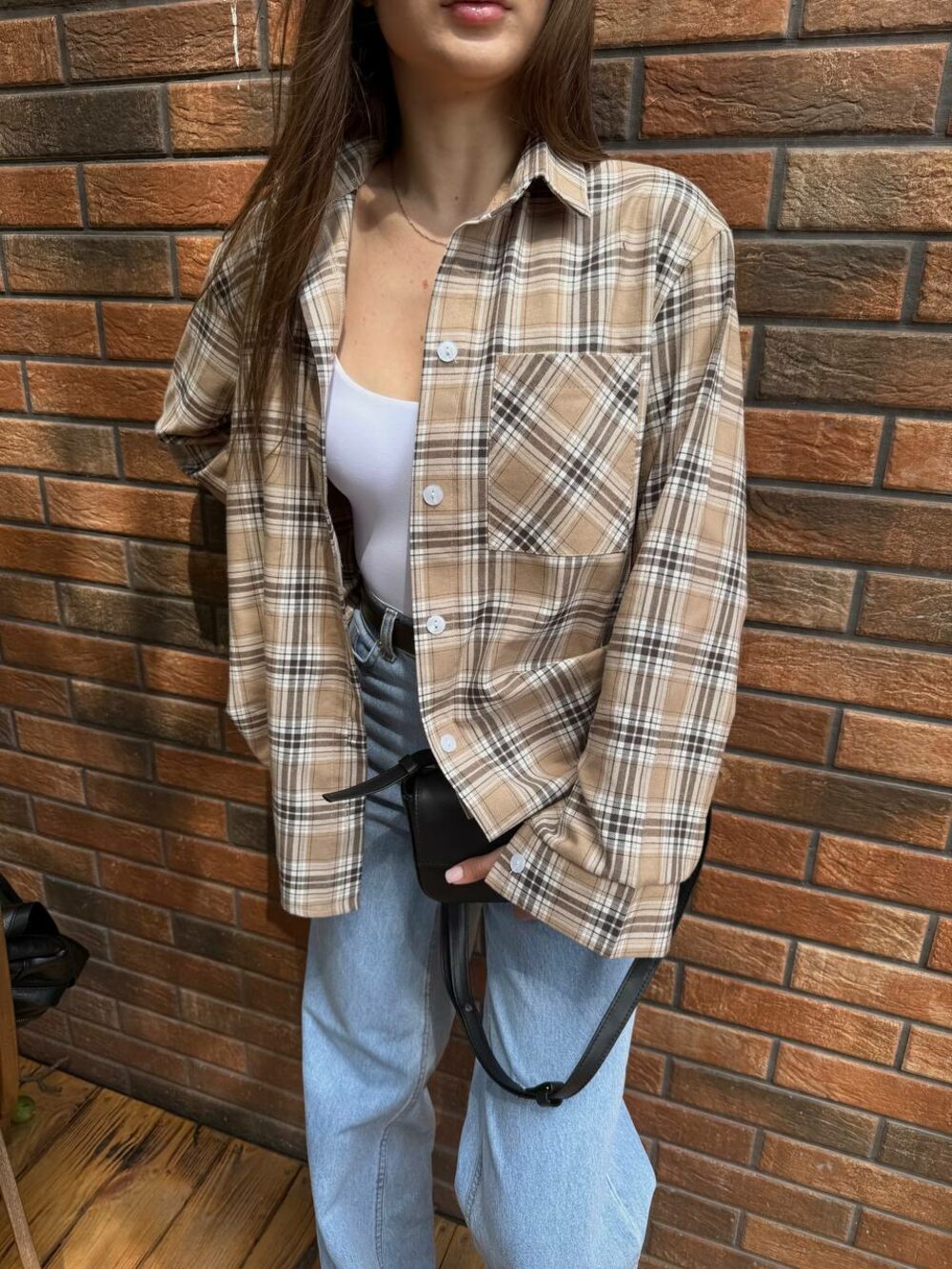 Сорочка в клітинку, колір бежевий