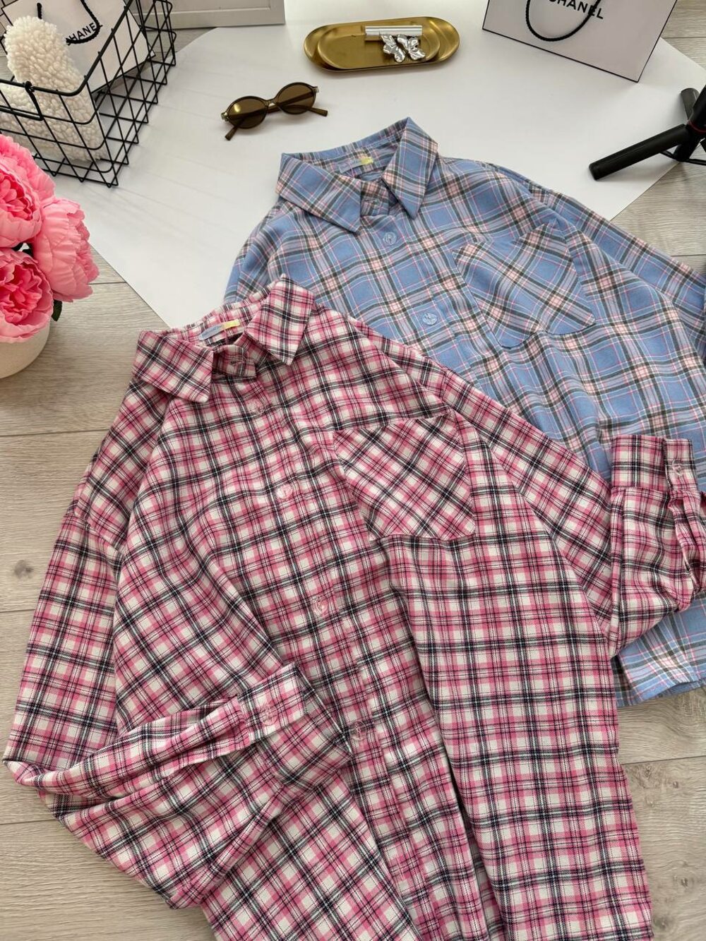 Оверсайз сорочка в клітинку, колір рожевий