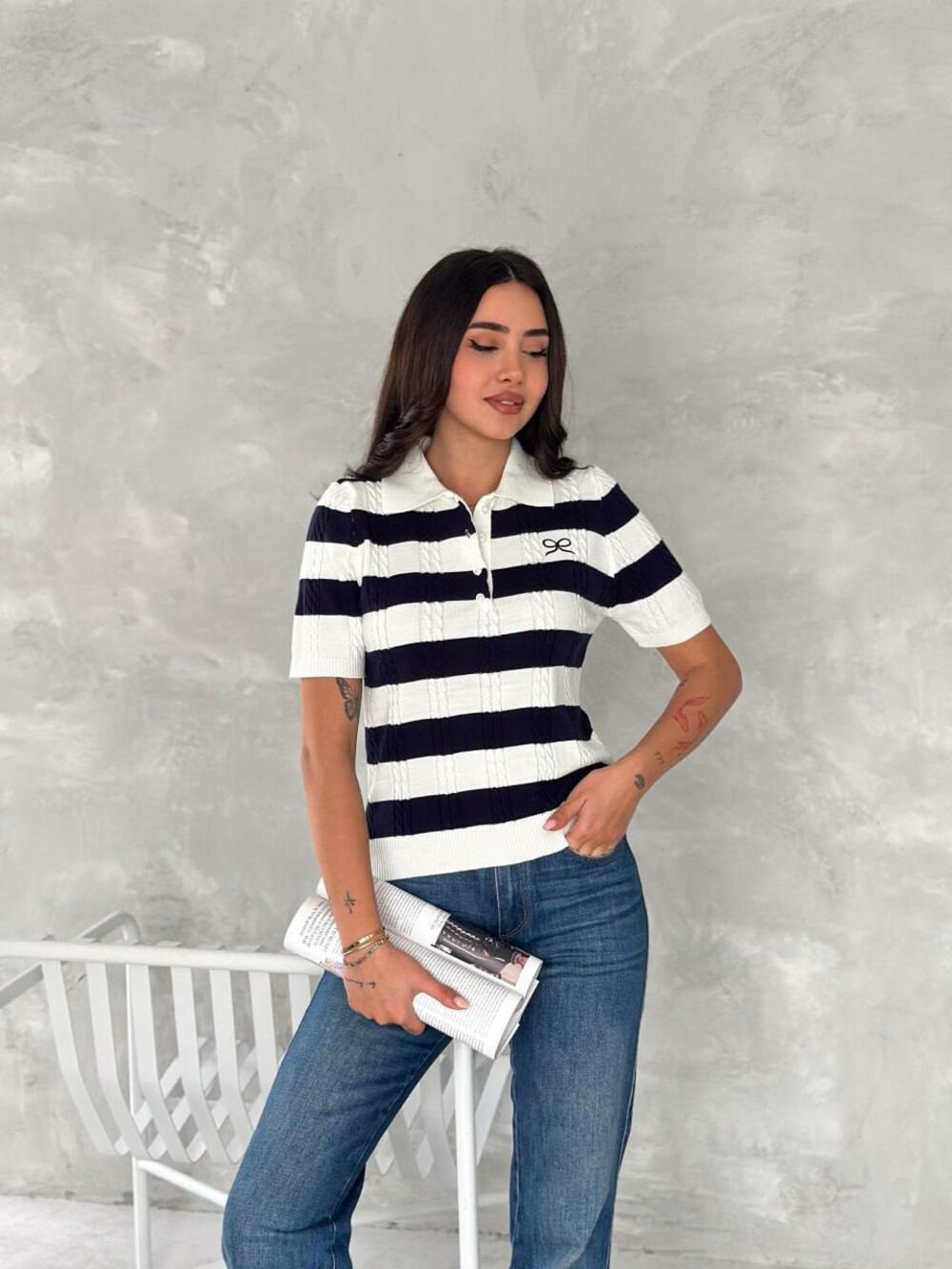 Футболка поло в широкую полоску, цвет полоски синий