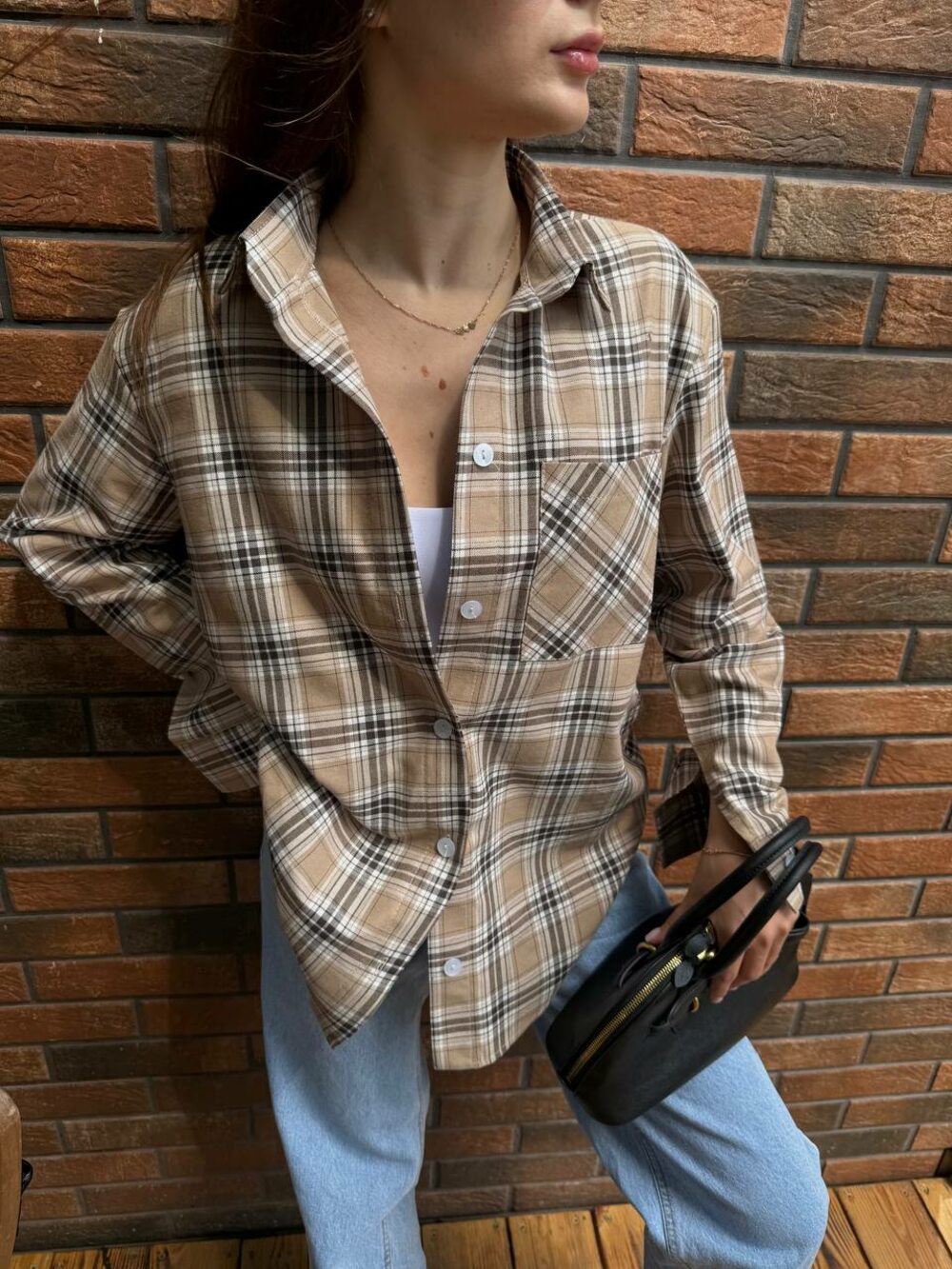 Сорочка в клітинку, колір бежевий