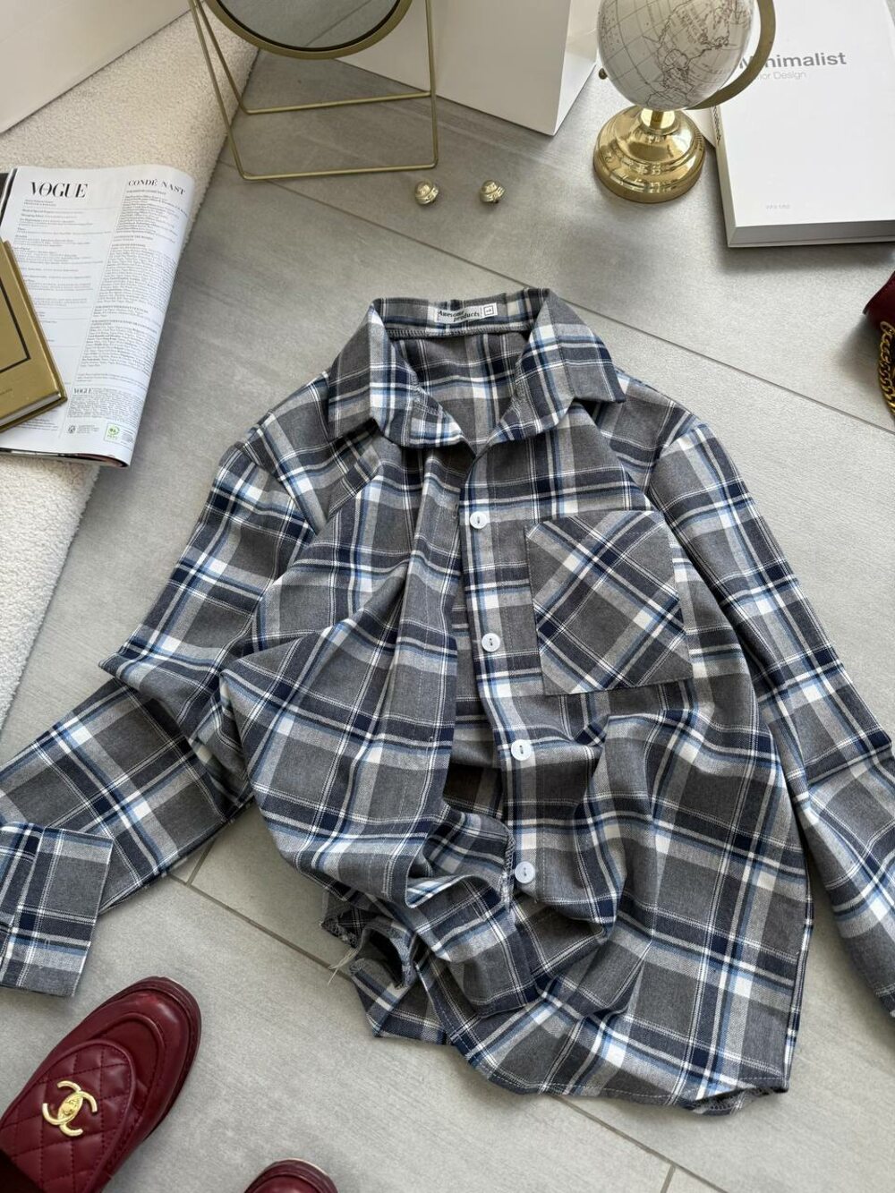 Сорочка в клітинку, сірий колір з джинсовим