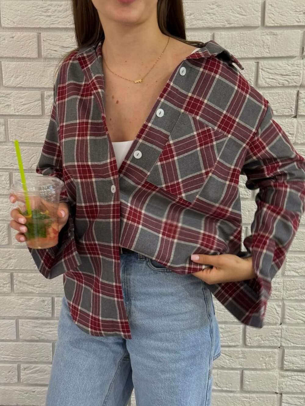 Сорочка у клітинку, колір бордо