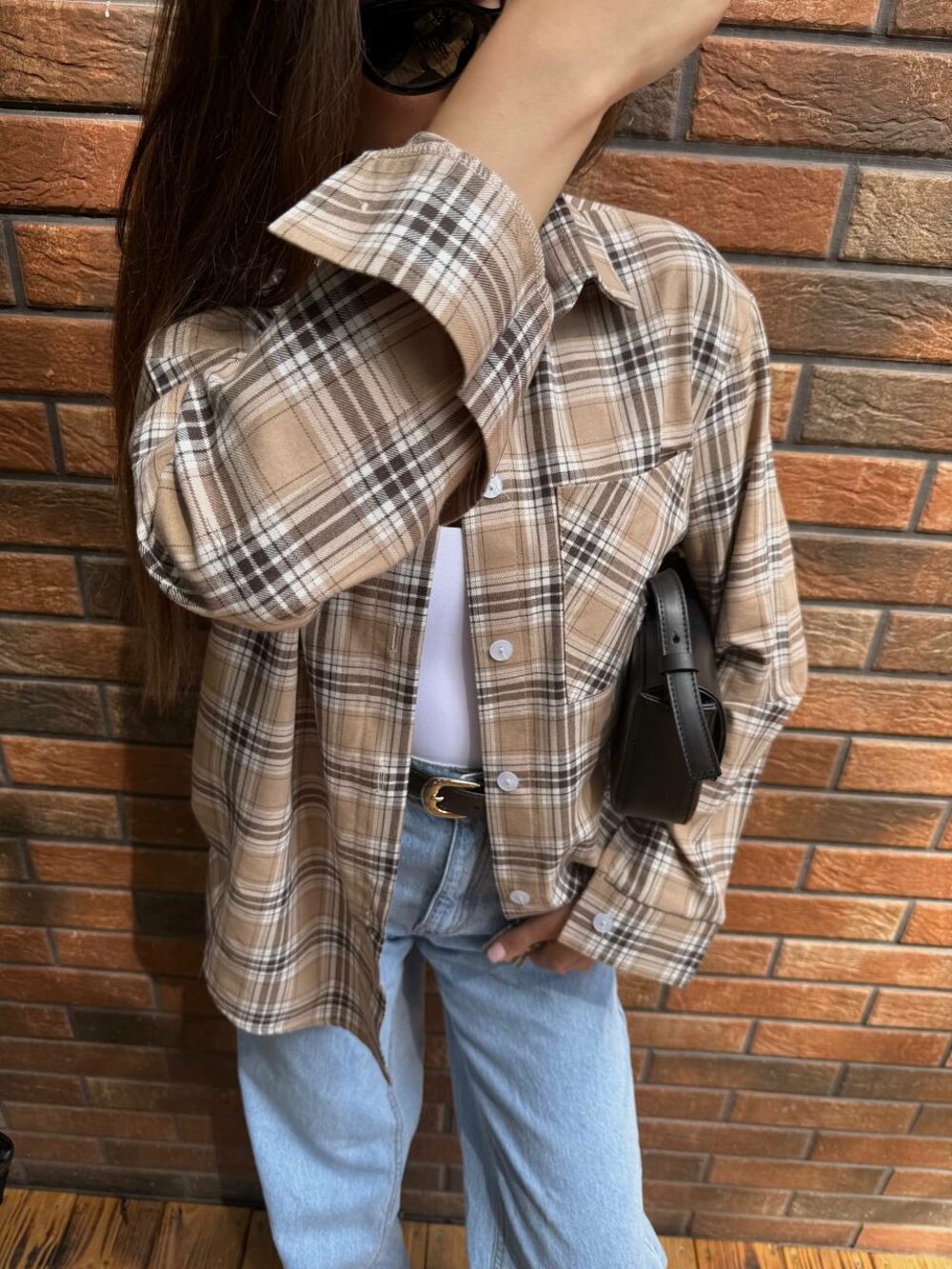 Сорочка в клітинку, колір бежевий