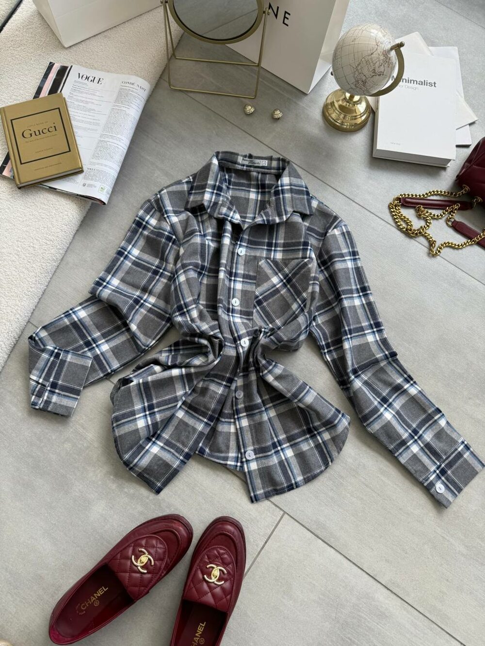 Сорочка в клітинку, сірий колір з джинсовим