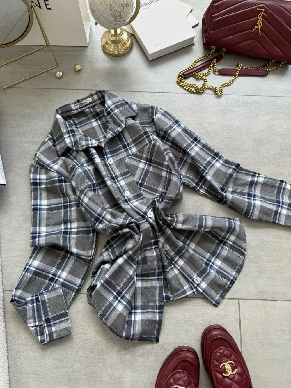 Сорочка в клітинку, сірий колір з джинсовим