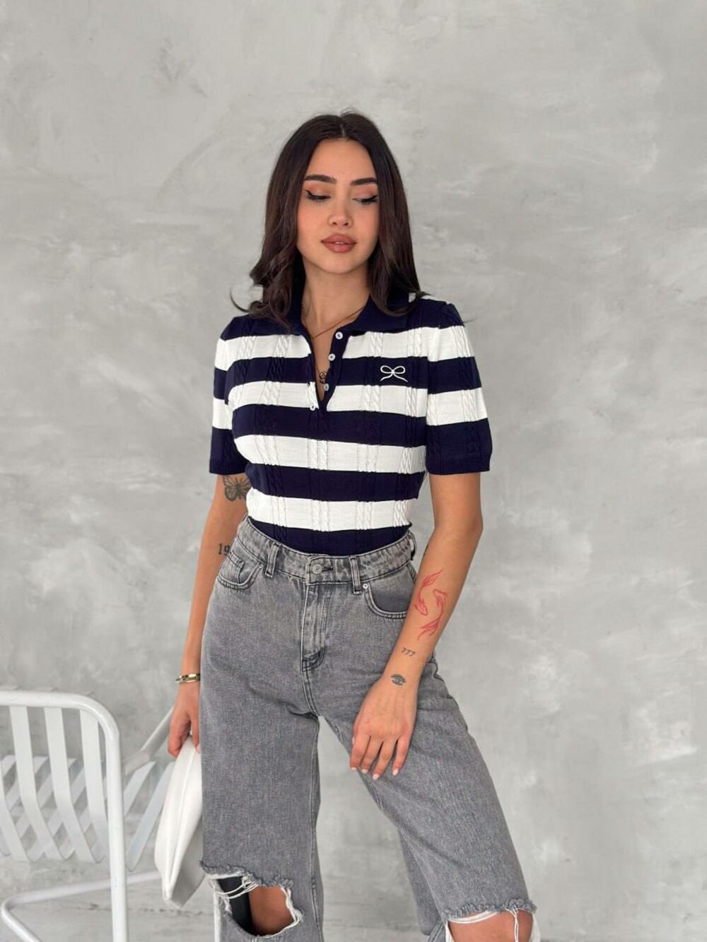 Футболка поло в широкую полоску, цвет полоски синий