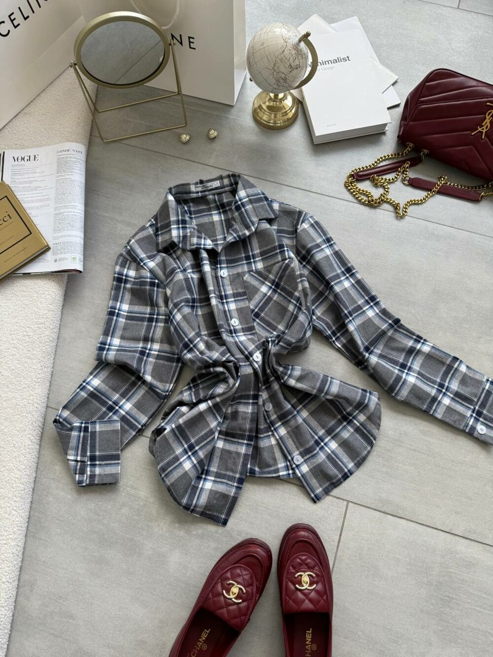 Сорочка в клітинку, сірий колір з джинсовим