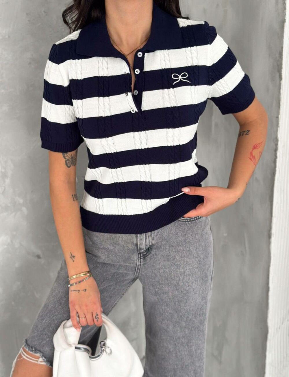 Футболка поло в широкую полоску, цвет полоски синий