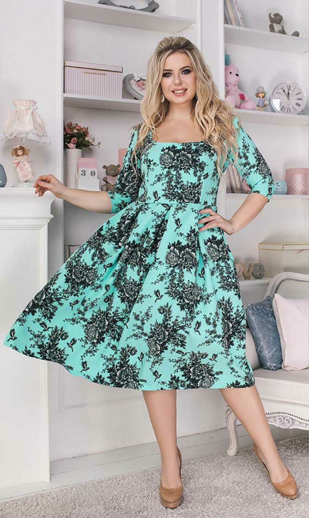 Ппатье цвет ментол с принтом цветы