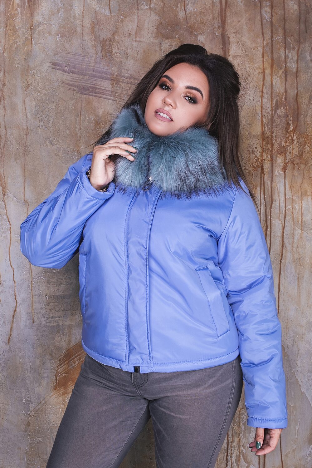 Куртка из плащевки с мехом цвет голубой
