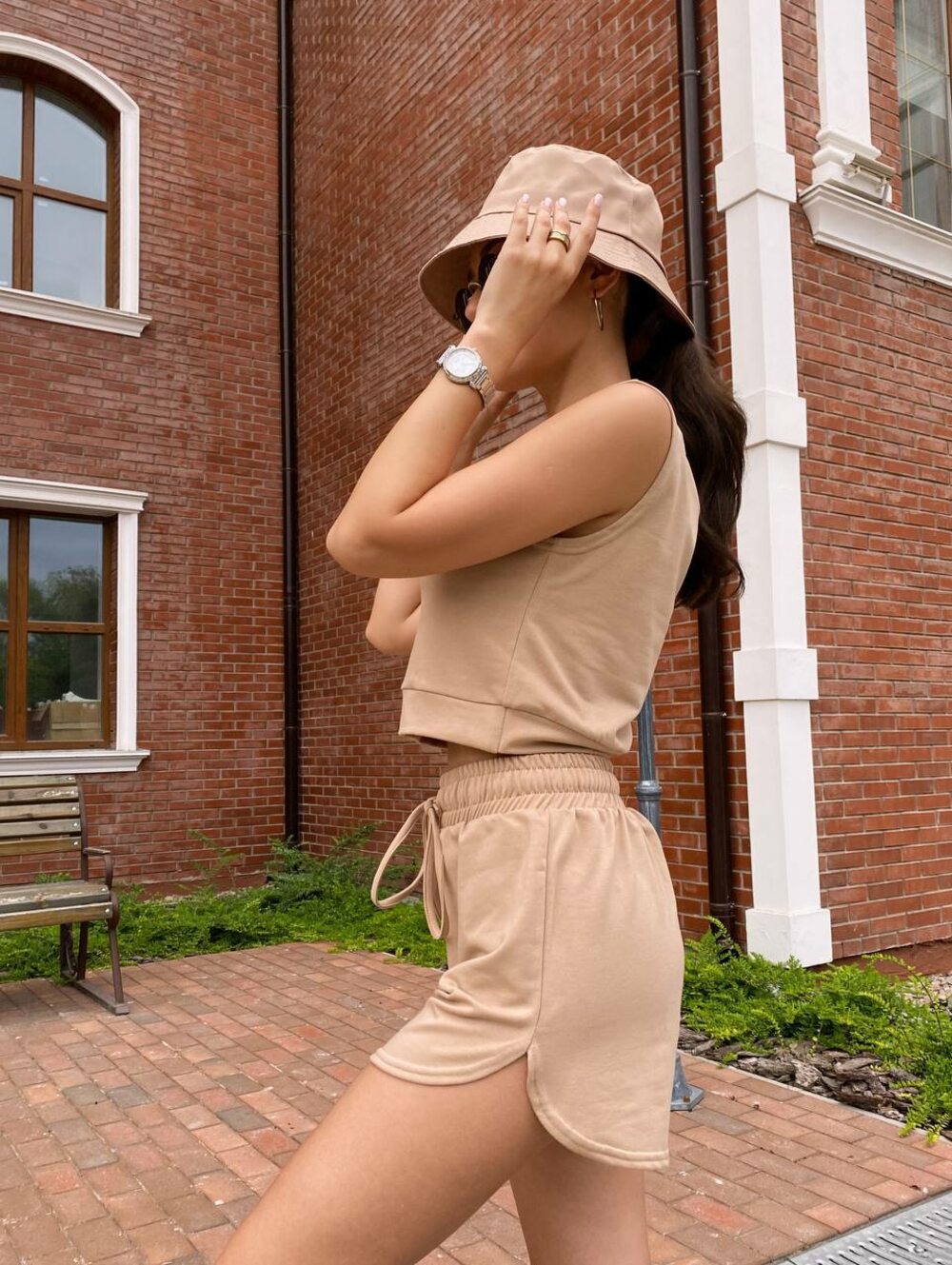 Костюм бежевий трійка з двонитки із шортами