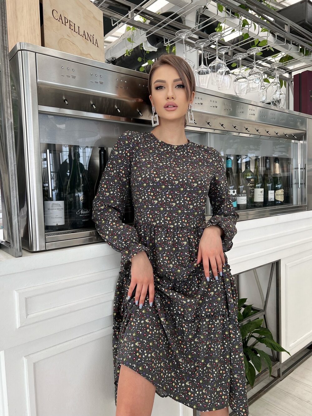 Сарафан графіт з квіточками довгий у підлогу