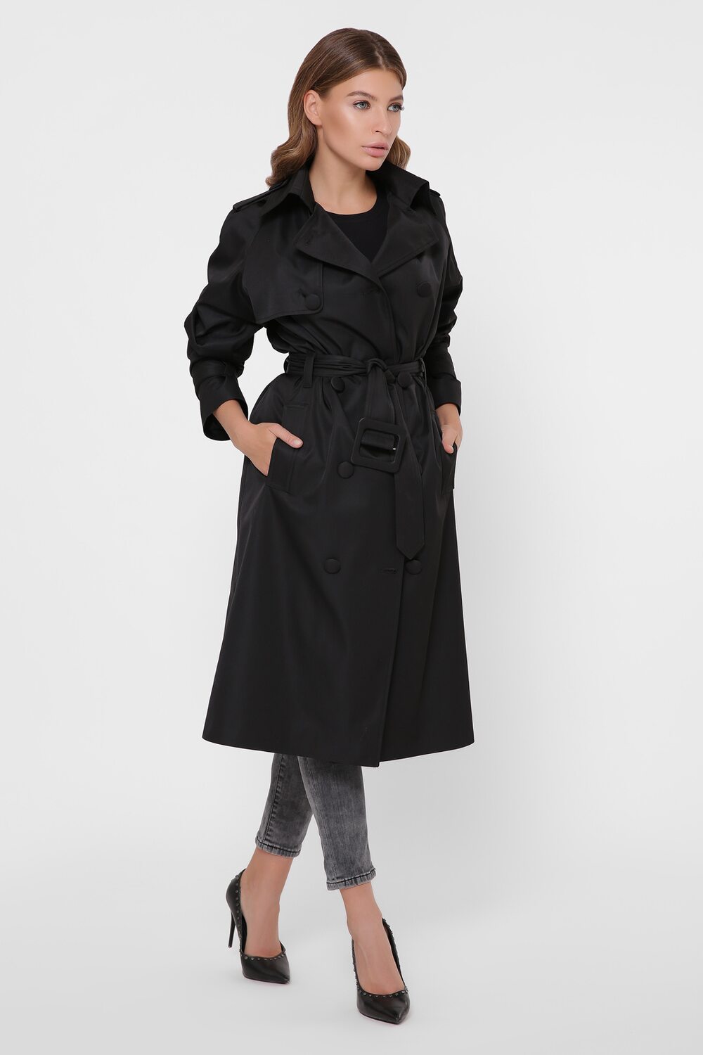 Плащ черный женский с поясом