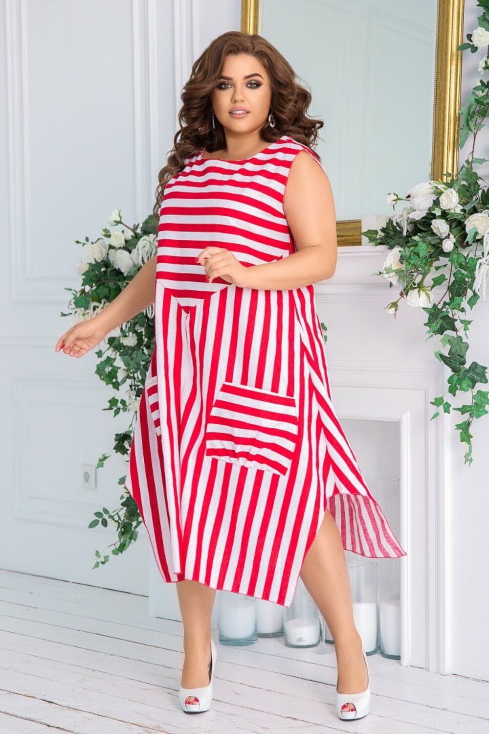 Модне лляне плаття червоно-біле