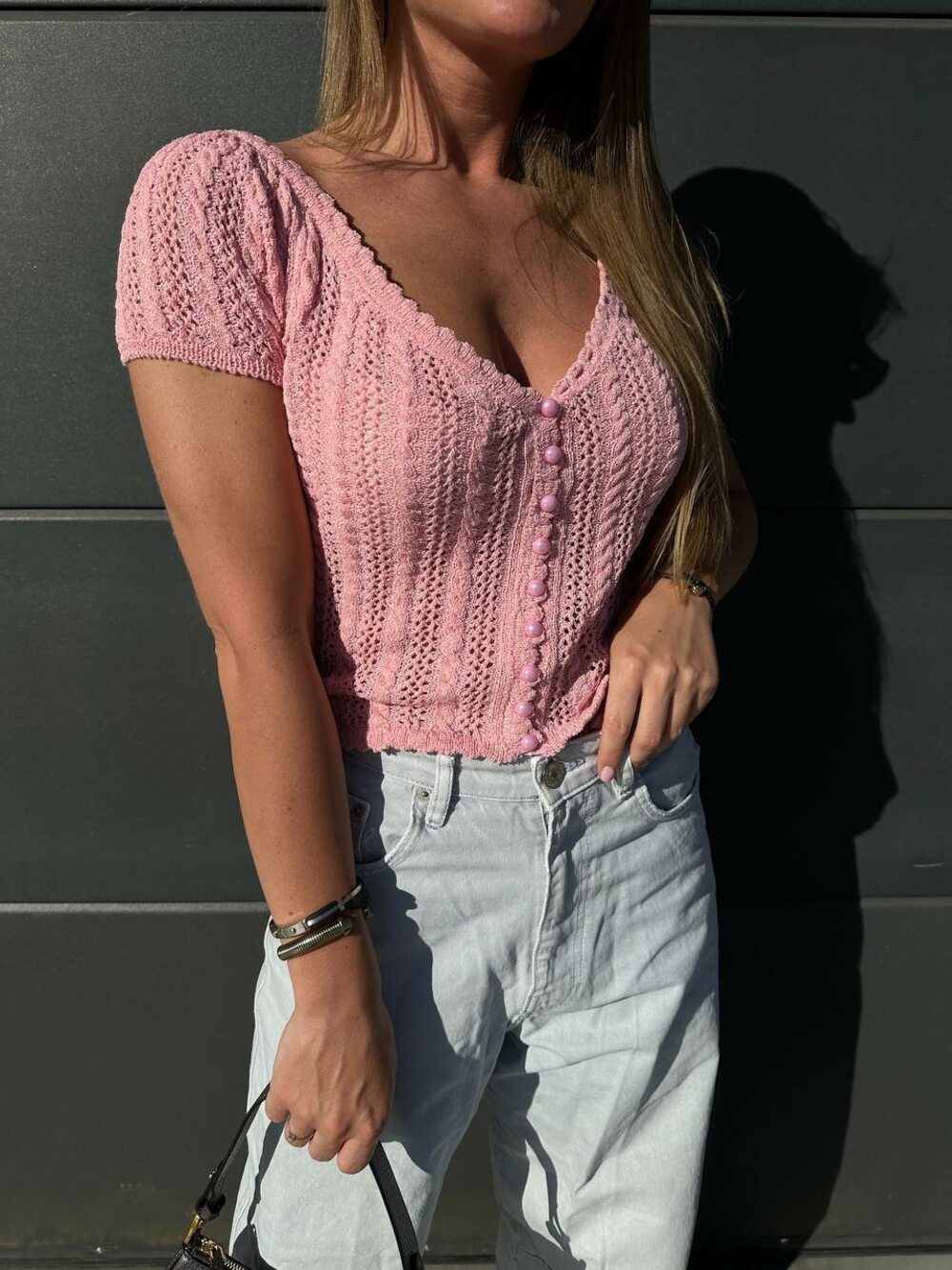 Кардиган короткий на пуговицах цвет розовый