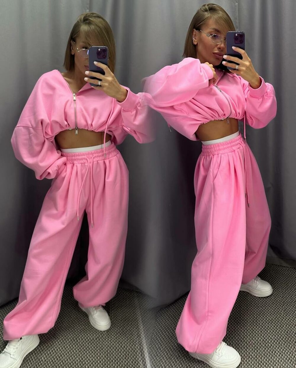 Костюм трійка складається з штанів, кофти та топа, колір барбі.